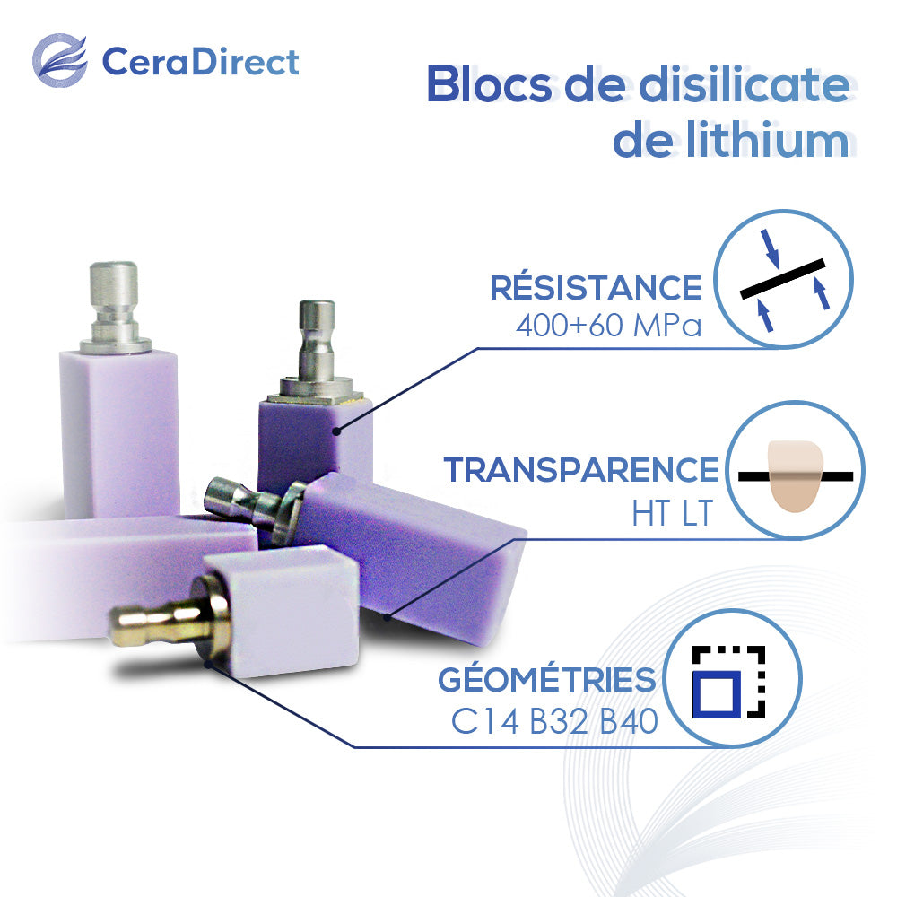 Bloc de disilicate de lithium (céramique vitreuse) — C14/B40-HT/LT (5 pièces)